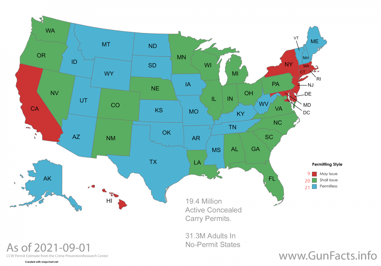 Map of U.S. states by concealed carry permitting regime