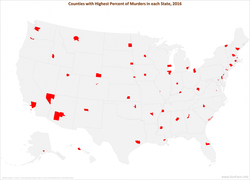 U.S. counties with highest homicide percentages in each state in 2016.