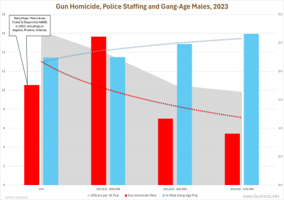 Gun Homicide, Police Staffing and Gang-Age Males by population group, 2023